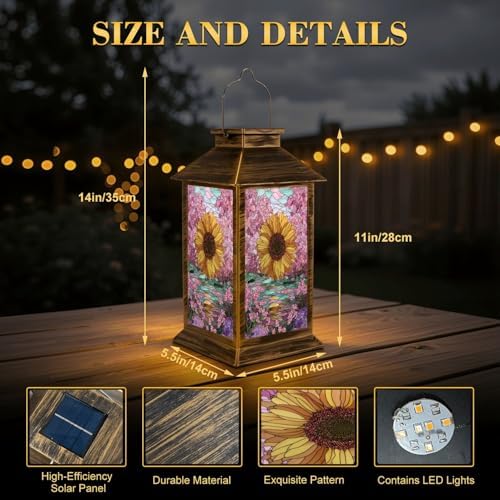 Stained Glass Style Solar Lantern Outdoor Garden Hanging Lantern Stained Glass Sunflower Spring Mosaic Design Waterproof Solar Powered Lighting Outside Table Lamp for Patio Deck Yard Camping - Image 2