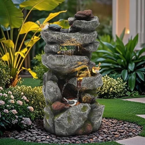 AUTODAYA 31.5" H Multi-Tier Rock Outdoor Fountain with LED Lights&Birds - Image 4