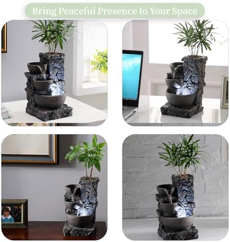 MAOCHI Indoor Tabletop Water Fountain with Planter Pot, Small Desk Waterfall with Cool LED Lights, Zen Decor for Office, Home & Bedroom, Calming Meditation Relaxation Gifts for Plant Lovers - Image 4