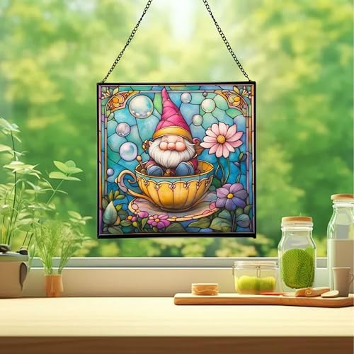 Gnome in a Teacup Stained Glass Suncatcher – Square Hanging Window Panel for Home or Greenhouse – Whimsical Glass Art Gift for Garden Lovers, Christmas, Halloween, Father Days sxN2AW - Image 2
