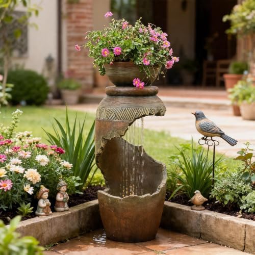 30H Spiral Outdoor Water Fountain with Bowl Planter by Bumilgar