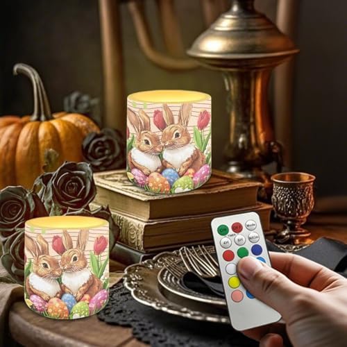 4 Pack Floral Bunny Egg LED Candles Flickering Flameless Candles with Remote and Timers Battery Operated Tea Lights with Remote Pillar Battery Tea Lights for Easter Day Party - Image 4