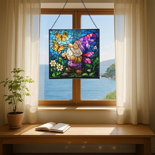 Butterfly Catcher Gnome Stained Glass Suncatcher – Square Hanging Window Panel for Home or Greenhouse – Whimsical Glass Art Gift for Garden Lovers, Christmas, Halloween, Father Days K7Li0G - Image 6