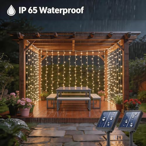 2 Pack Solar Curtain Light Outdoor, 30ft x 10ft, 660 LEDs in Total Solar Powerd String Lights Waterproof Outside for Garden Party Wedding Decór - Image 7
