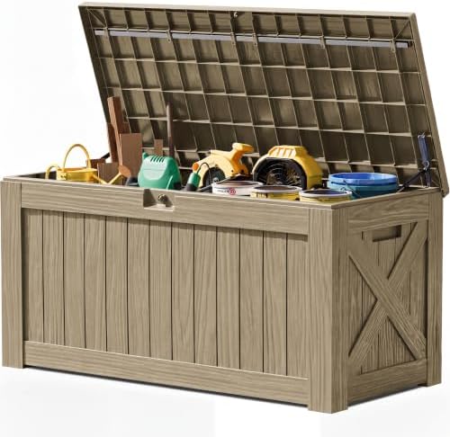 JUMMICO 120 Gallon Resin Deck Box, Large Outdoor Storage Box Waterproof & Lockable for Garden, Patio, Pools (Light Brown) by JUMMICO