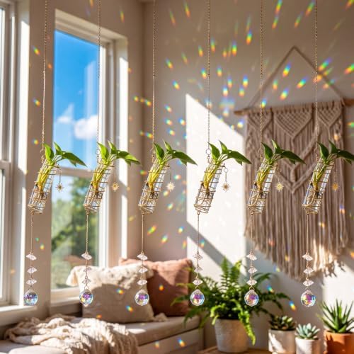 6 Pcs Plant Propagation Station Colorful Crystal Suncatcher, Handmade Boho Rooting Vase, Hanging Window Plant Propagator Stations Suncatcher with Chain Pendant Ornament Balls (Flower) - Image 6