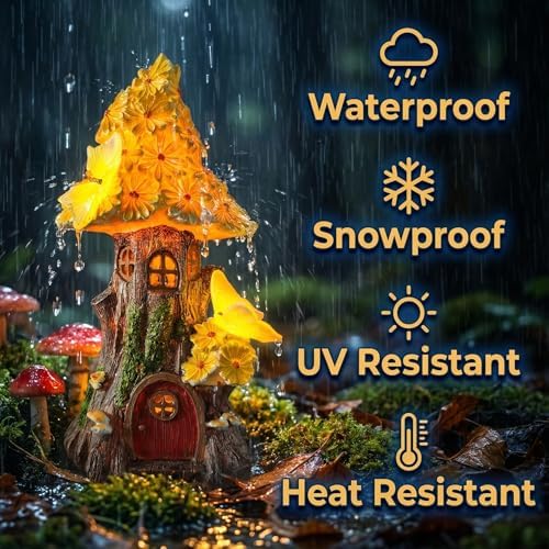 COWOS Mushroom House Statue, Mushroom Fairy Garden House with Solar Light, for Women's Yard Decorations, Gardening Gifts for Patio - Image 6