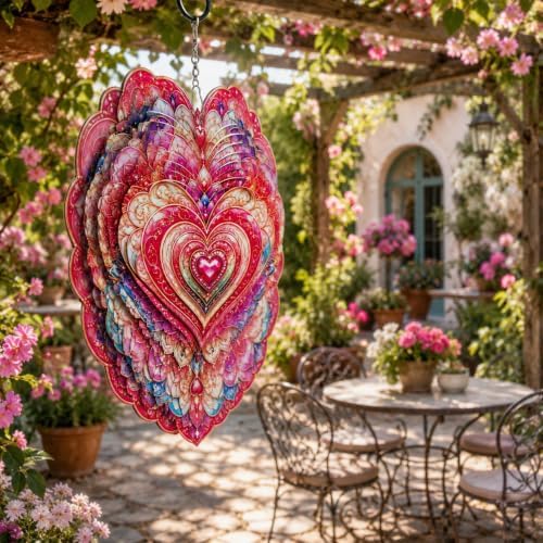 Shwing 12 Inch Wind Spinner Heart Floral Hanging Decor Romantic Valentine Metal Ornament Double Sided Outdoor Kinetic Garden Art 3D Wind Spinner for Patio Porch Balcony Backyard Tree Decoration - Image 5
