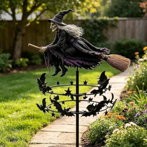 Halloween Witch Wind Spinner, 47" Metal Garden Stake with Rotating Spinning Wheels, Flying Witch Silhouette Art Decor, Spooky Outdoor Lawn Ornament for Halloween Patio Garden Pathway - Image 3