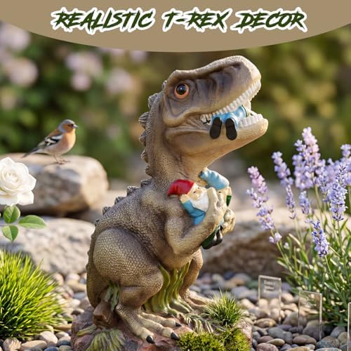 PARTYGEARS Dinosaur Statue with Gnomes, 16“ Large Outdoor Garden Statues Yard Decor, Funny Dinosaur Holding Gnomes Figurines for Patio Lawn, Weatherproof Gnome Decorations for Home, Unique - Image 3