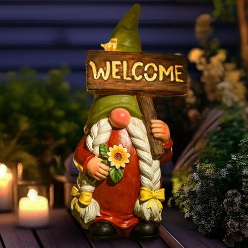 22" Solar Large Gnome Lady Garden Statue Big Female Gnome with Welcome Sign Outdoor Decor with LED Lights Home Porch Yard Patio Lawn Ornament Christmas Housewarming Gardening Gift - Image 4