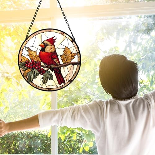 Festive Cardinal Berry Stained Glass Window Hanging Suncatcher Gifts 9.8" - Image 4