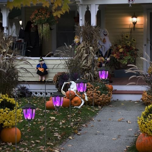 Dynaming 4 Pack Solar Halloween Flame Hanging Lights Outdoor, Flickering Flame LED Garden Lanterns with 4x38 Inch Shepherd Hooks, Landscape Lighting Waterproof for Lawn Yard Pathway Driveway, Purple - Image 4