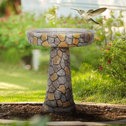 watnature Stone Like Outdoor Bird Bath - Concrete Freestanding Patio Birdbath with Pedestal for Garden, Patio, Yard, Lawn - 18.8”L X 18.8”W X 24”H Rustic Faux Stone Pedestal Outdoor Garden Birdbaths - Image 3