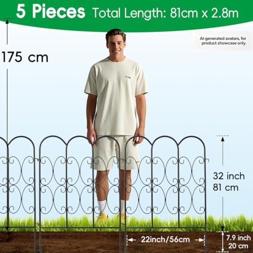 ARIFARO 5 Pack Metal Decorative Garden Fence, 32" H x 22" W, No‑Dig Panels - Image 6