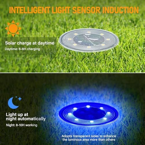 Siatom Solar Ground Lights 12 Pack, IP68 Waterproof Solar In-Ground Light for Outdoor, Flat Landscape Lighting, Garden Disc Light for Pathway, Walkway, and Yard - 12 Pcs (Blue) - Image 3