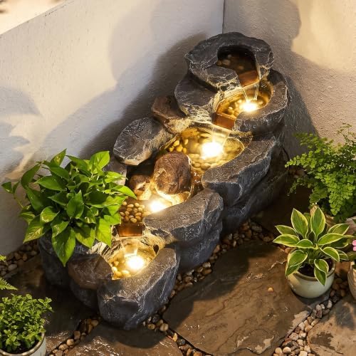 37.4" L Water Fountain Outdoor, 5-Tier Cascading Rock Waterfall, Gray - Image 3