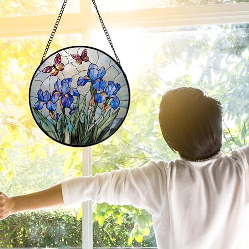 Purple Iris Butterfly Stained Glass Window Hanging Suncatcher Gifts 15" - Image 3