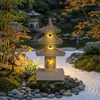 Pagoda Garden Statue 10 Inch Weatherproof Solar Garden Decor for Backyard Balcony Patio Lawn Yard, Khaki, with LED Light Zen Japanese Lantern - Image 6