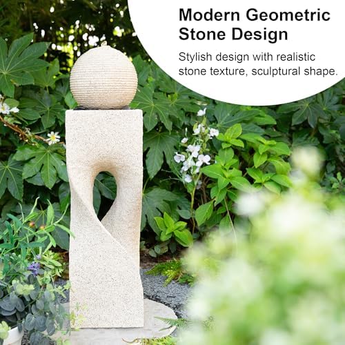Glitzhome Outdoor Water Fountain, Outdoor Fountain with Pebbles, Pump and LED Light, 36.5" H Polyresin Modern Geometric Pedestal and Sphere Waterfall Fountain Water Feature for Garden, Patio, Yard - Image 3