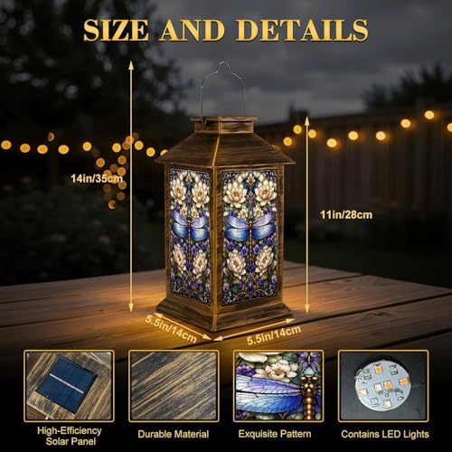 Solar Lantern Outdoor Waterproof Stained Glass Dragonfly Floral Design Soft Pastel Hues Garden Decor LED Hanging Solar Lights Tabletop Lamp Gifts for Women Mom Outside Yard Patio Porch - Image 2