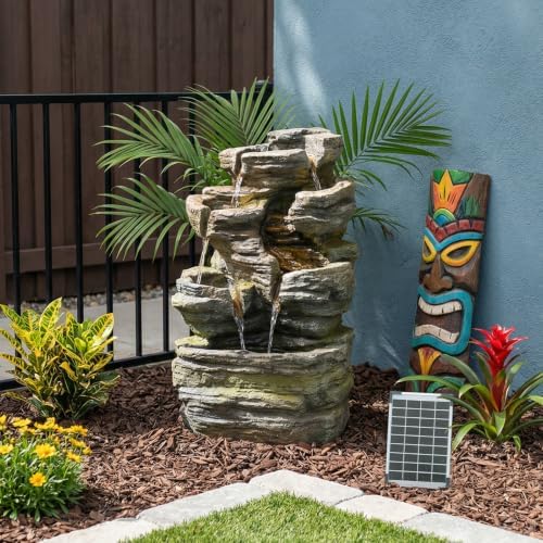 Solar Rock Waterfall Fountain Outdoor, Resin Cascading Garden Water Feature with Multi-Stream Flow for Patio Backyard Yard Décor, Solar Water Fountain - Image 6