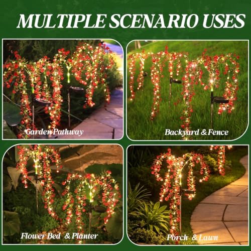 Solar Garden Lights Outdoor Waterproof, 4 Pack Solar Flower Lights Outdoor with Red Eucalyptus Flowers & 2 Lighting Modes, Decorative Solar Lights Outdoor for Yard Patio Lawn Decor, Gifts - Image 6