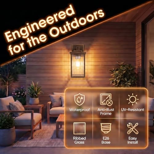 13" Black Brush Gold Outdoor Wall Light, All-Metal Frame Porch Light - Image 2