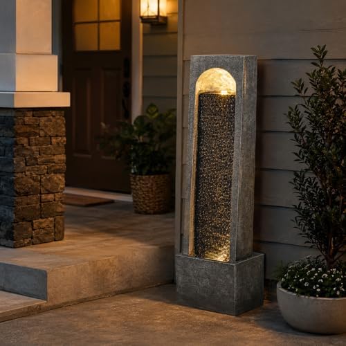 Outdoor Water Fountain, 39.37" Tall Resin Waterfall Fountain with LED Lights, Freestanding Modern Water Wall Fountain with Built-in Pump, Gray Stone-Look Patio Fountain for Garden, Porch, Backyard - Image 5