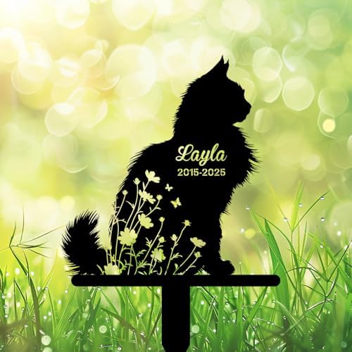 Custom Longhair Cat Memorial Stake, Floral Cat Sitting Grave Marker, Personalized Pet Loss Gift Metal Garden Plaque (Floral Cat Sitting) - Image 2