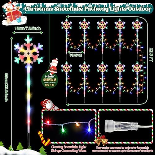 10 Pcs Christmas Snowflake Pathway Stake Lights for Outdoor Yard, 370 Bright LEDs Waterproof Large Christmas Snowflake Light Decoration for Garden Lawn Driveway Walkway Decor(Colorful) - Image 2