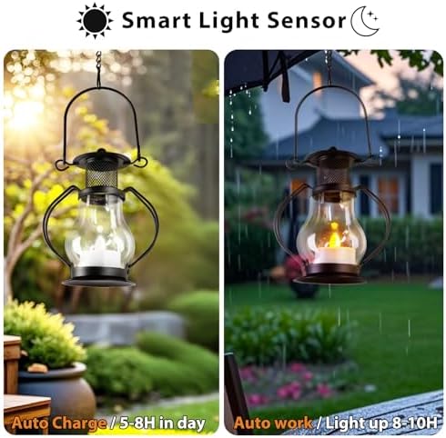 Solar Hanging Lanterns Outdoor Waterproof, Vintage Mini Metal Lantern with Flickering Solar Powered Tea Lights, Perfect Chargeable Solar Lights for Backyard Patio Garden Fence Tree Decoration-4Pack - Image 5
