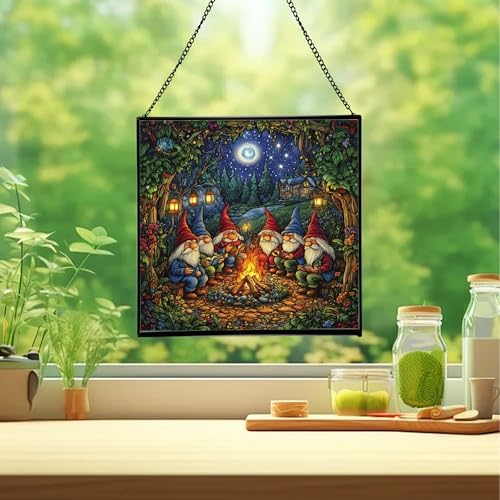 Campfire Story Gnome Stained Glass Suncatcher – Square Hanging Window Panel for Home or Greenhouse – Whimsical Glass Art Gift for Garden Lovers, Christmas, Halloween, Father Days hQZx4H - Image 2
