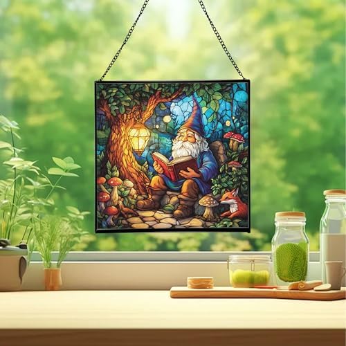 Forest Reading Gnome Stained Glass Suncatcher – Square Hanging Window Panel for Home or Greenhouse – Whimsical Glass Art Gift for Garden Lovers, Christmas, Halloween, Father Days YBMxRz - Image 2
