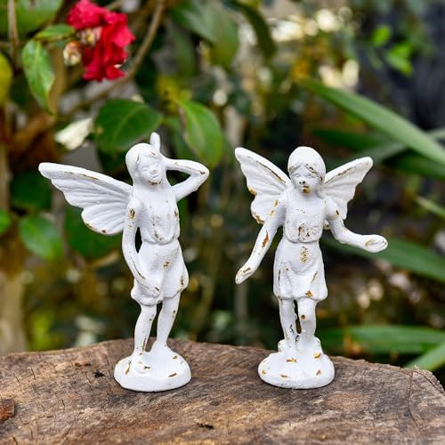 Sungmor Cast Iron Angel Statue Garden Fairy Figurines, 2 Pack Rustic White by Sungmor