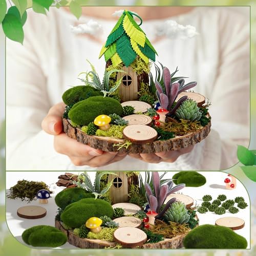Amyhill DIY Fairy Garden Kit Make Your Own Wooden Mini House Craft Kit Miniature Fairy Garden Accessories Micro Mushrooms Plants Ornaments Craft for Outdoor Indoor Mini House Decor - Image 5