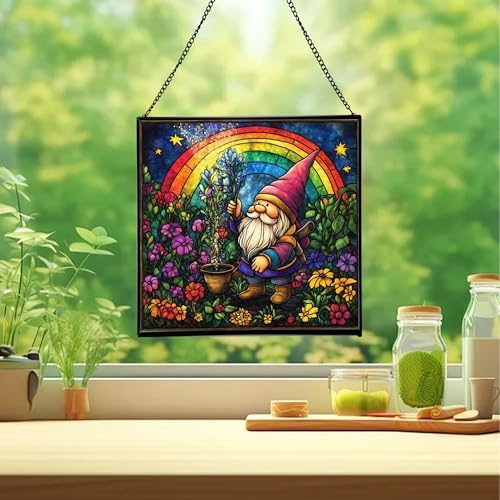 Rainbow Garden Gnome Stained Glass Suncatcher – Square Hanging Window Panel for Home or Greenhouse – Whimsical Glass Art Gift for Garden Lovers, Christmas, Halloween, Father Days moNsPG - Image 2