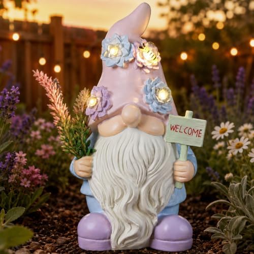Solar Gnome with Succulent LED Lights and Welcome Sign, Lavender Garden Gnome Statue Decor for Patio, Yard, Balcony, Home, Lawn Ornaments, Birthday Gifts for Mom Women Grandma by ElevateYourOutdoorGallery