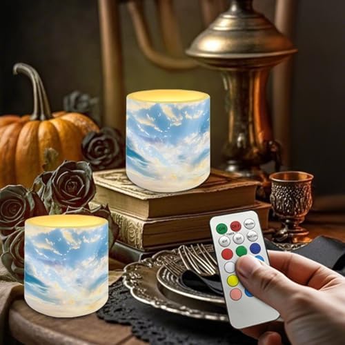 Blue Sky Flameless Candles with Remote and Timers Flickering Battery Operated Candles 4 Pack Outdoor Flameless LED Pillar Tea Lights for Beach Wedding Coastal Room Home Decor - Image 3