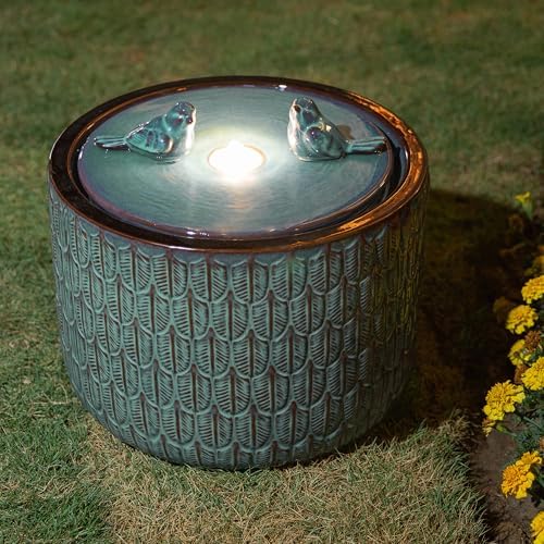Glitzhome 14.75”H Outdoor Ceramic Water Fountain with LED Light and Pump, Embossed Leaf Pattern Floor Standing Bird Bath Fountain with Two Birds Decor for Patio Porch Deck Backyard, Turquoise by Glitzhome