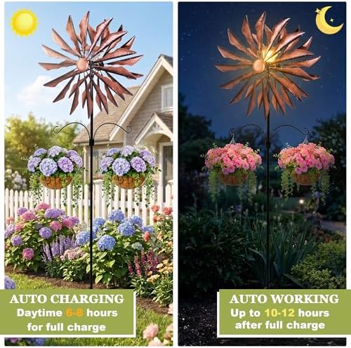 95 Inch Large Wind Spinner Outdoor Metal Garden Stake with Dual Hanging Hooks, Solar Powered Windmill Spinner for Yard & Patio, Heavy Duty Rustproof Kinetic Yard Art with Stable Ground Stake - Image 3