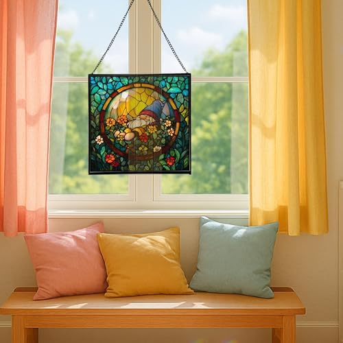 Floating Bubble Nest Gnome Stained Glass Suncatcher – Square Hanging Window Panel for Home or Greenhouse – Whimsical Glass Art Gift for Garden Lovers, Christmas, Halloween, Father Days PdPnfS - Image 5