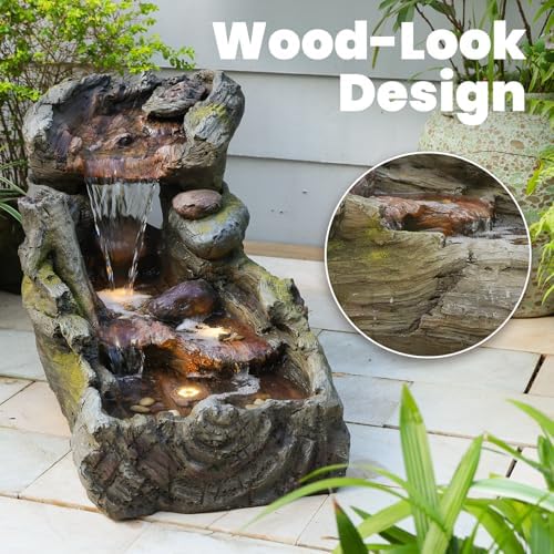 32.5" L Garden Outdoor Water Fountain, Floor Standing Cascading Realistic Tree Trunk Natural Waterfall Outdoor Fountains with LED Lights for Patio, Porch, Home Art Decor - Image 6