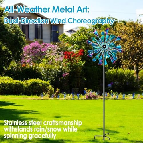 Decoroca Large Outdoor Metal Wind Spinners - Wind Sculptures & Spinners for Yard Patio Lawn Garden Decorations, Windmill Outdoor Clearance with Stable Metal Stake(Blue&Green Rotating) - Image 3