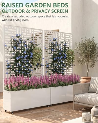Metal Planter Box with Trellis,70.9"x47.2"x15.7" Raised Garden Bed with Drainage Holes, Privacy Planters for Outdoor Garden Bed for Climbing Plants,Vegetables,and Vines,White-Modular - Image 3