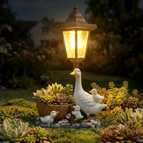 Solar Duck Garden Statues Outdoor Decor with Planter Pot, Upgraded 3 Solar Panels Lantern Animal Figurines, Waterproof Hand-Painted Resin Sculpture for Patio Yard Lawn Decorations, Gardening Gifts by Tuykay