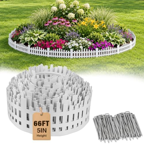 MIXC Garden Edging Border, 5IN 66FT White Garden Fence with 100 Metal Stake by MIXC
