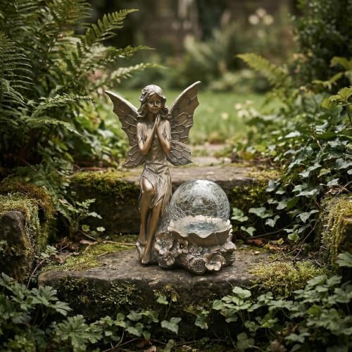 Solar Fairy Outdoor Statues with LED Crackle Glass Ball Garden Decor, Resin Fairy Sculpture & Statue for Patio, Yard, Lawn Decoration, Copper Bronze Angel Statues with Solar Flower Lights Accessories - Image 7