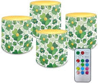4Pcs LED Candles Bulk Stylish Shamrocks Flickering Flameless Candles with Remote and Timer Battery Operated Pillar Tea Lights for Indoor Outdoor St Paddy's Day Party Decoration by Merkmak