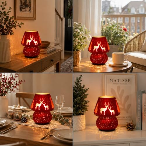 ULAROOM Christmas Battery Operated Mushroom Lamp - Vintage Small Table Lamp with Timer, Cordless Bedside Nightstand Lamp, Glass Battery Powered Lamp for Bedroom Kitchen Living Room Decor Aesthetic - Image 5